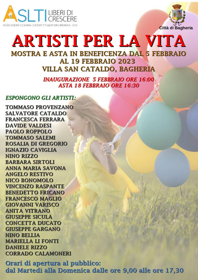 “Artisti per la vita”: mostra ed asta in beneficenza a villa San Cataldo dal 5 al 19 febbraio